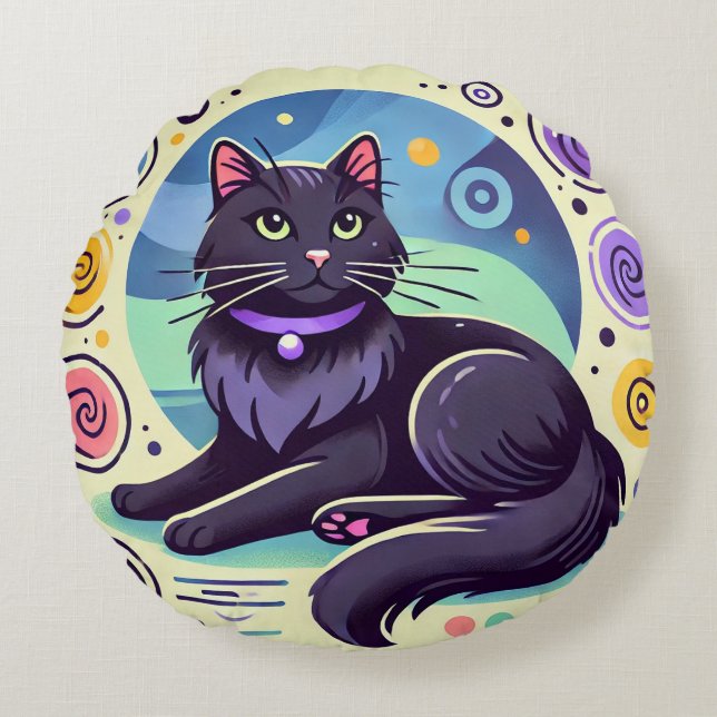 Black Cat with Brightly Coloured Background Round Cushion (Front)