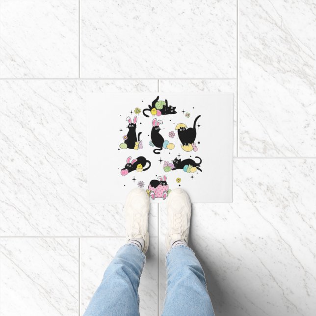 Black Cat with Bunny Eggs Doormat (Indoor)