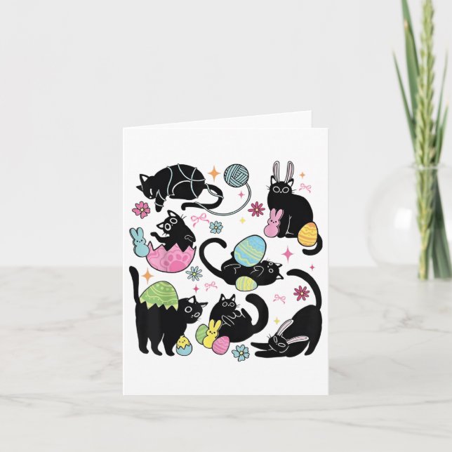 Black Cat With Bunny Eggs Happy Easter Day Matchin Card (Front)