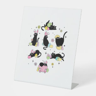 Black Cat with Bunny Eggs Happy Easter Day Matchin Pedestal Sign