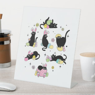 Black Cat with Bunny Eggs Pedestal Sign