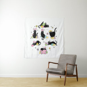 Black Cat with Bunny Eggs Tapestry
