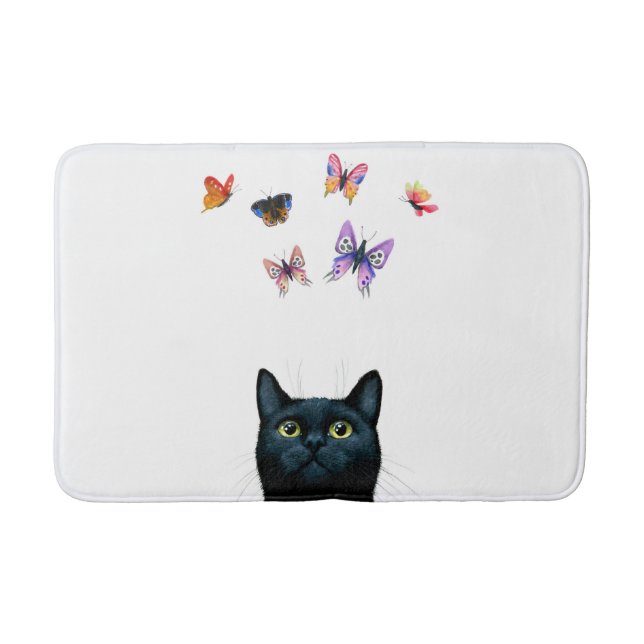 Black Cat with butterflies 606 Bath Mat (Front)