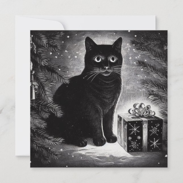 Black Cat with Christmas Gift Card (Front)