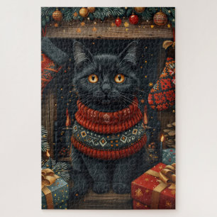 Black Cat with Christmas Gifts Fireplace Jigsaw Puzzle
