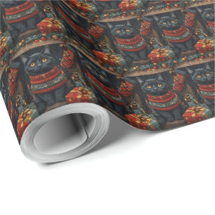 Black Cat with Christmas Gifts Fireplace Wrapping Paper