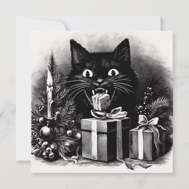 Black Cat with Christmas Gifts  Holiday Card (Front)