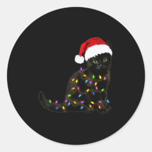 Black Cat With Christmas Light Funny Cat Lover Chr Classic Round Sticker