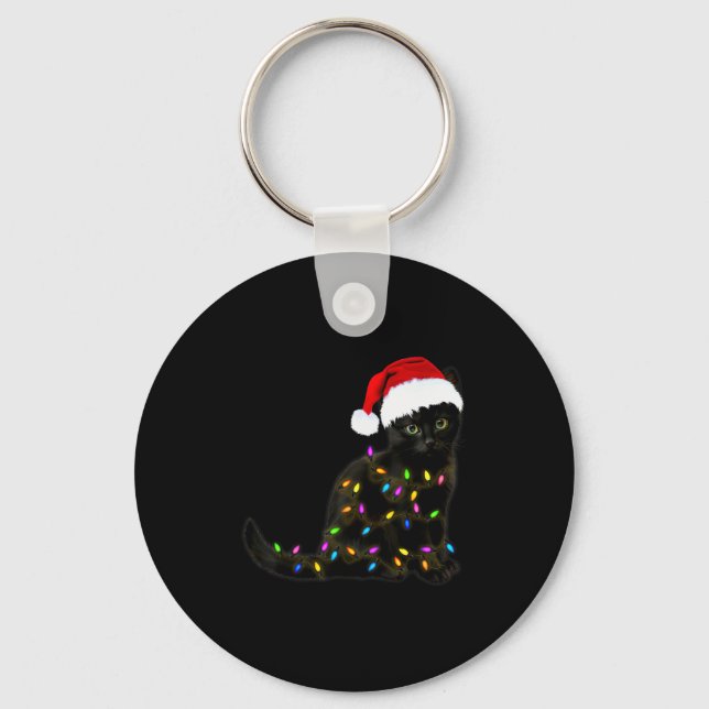 Black Cat With Christmas Light Funny Cat Lover Chr Key Ring (Front)