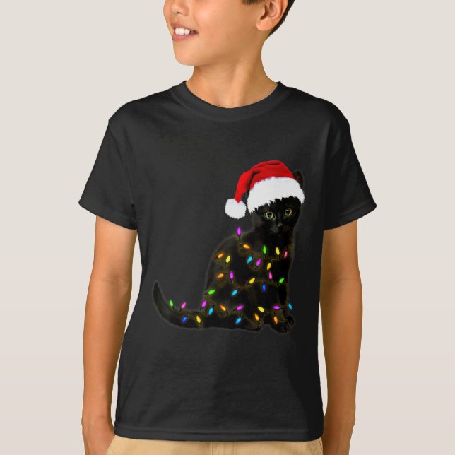 Black Cat With Christmas Light Funny Cat Lover Chr T-Shirt (Front)