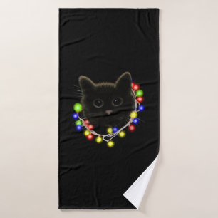 Black cat with Christmas lights Bath Towel