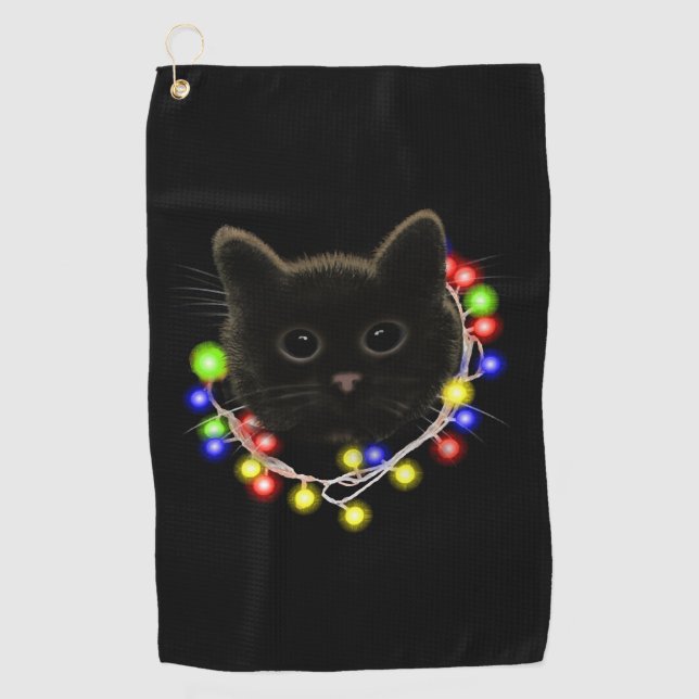 Black cat with Christmas lights Golf Towel (Front)