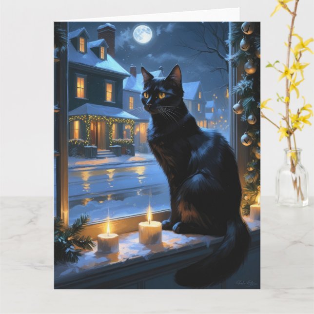 Black Cat With Christmas Lights Holiday Card (Yellow Flower)