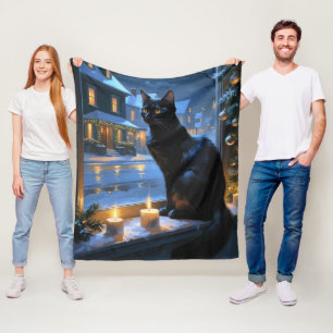Black Cat With Christmas Lights Holiday Fleece Blanket