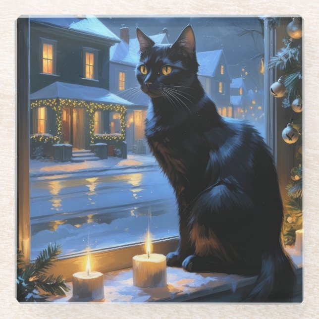 Black Cat With Christmas Lights Holiday Glass Coaster (Front)