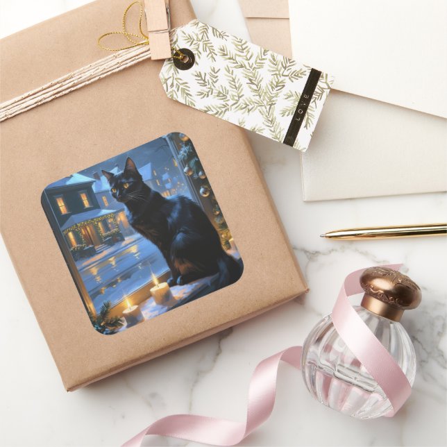 Black Cat With Christmas Lights Holiday Square Sticker (Gifting)