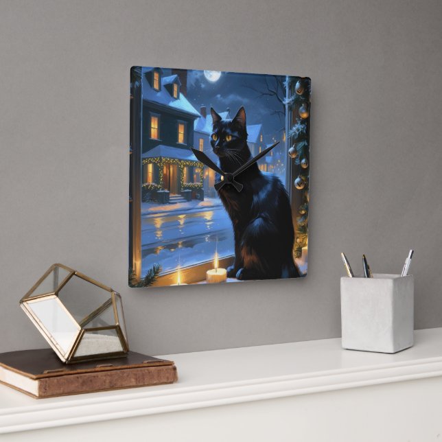 Black Cat With Christmas Lights Holiday Square Wall Clock (Office)