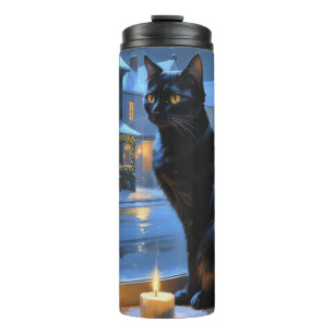 Black Cat With Christmas Lights Holiday Thermal Tumbler