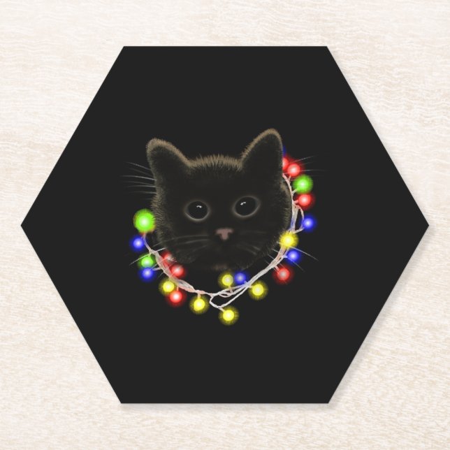 Black cat with Christmas lights Paper Coaster (Front)