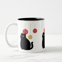 Black Cat with Christmas Ornaments Mug