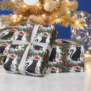 Black Cat with Christmas Tree and Ornaments Wrapping Paper