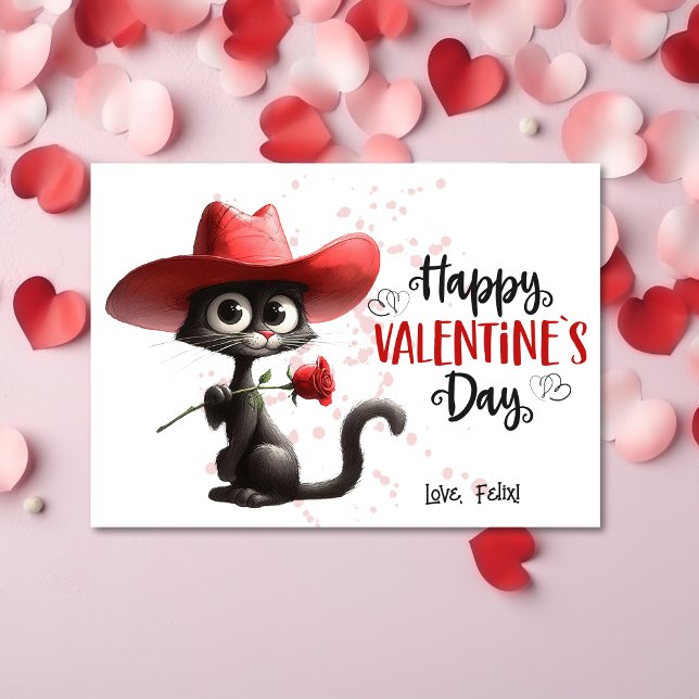 Black Cat With Cowboy Hat Happy Valentines Day  Holiday Card (Creator Uploaded)