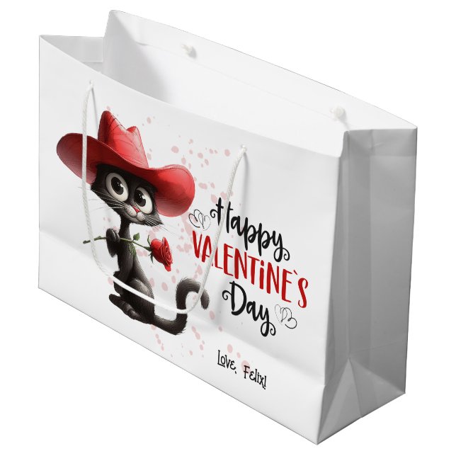 Black Cat With Cowboy Hat Happy Valentines Day  Large Gift Bag (Front Angled)