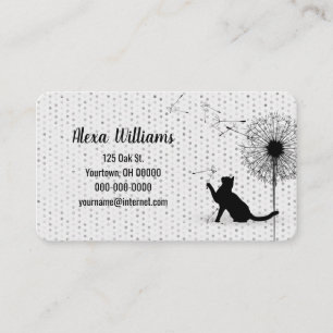 Black Cat with Dandelion on Grey Dots Business Card