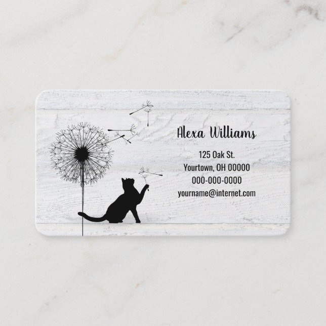 Black cat with dandelion on wood business card (Front)
