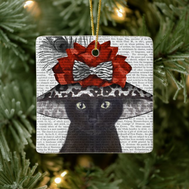 Black Cat with Fabulous Hat Ceramic Ornament (Tree)