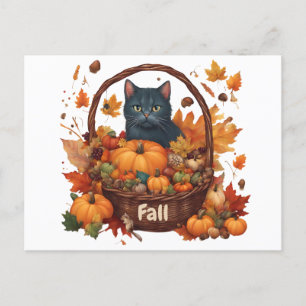 Black Cat with Fall Harvest Basket  Postcard