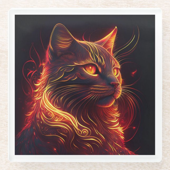 Black Cat With Fire Red & Golden Aura Glass Coaster (Front)