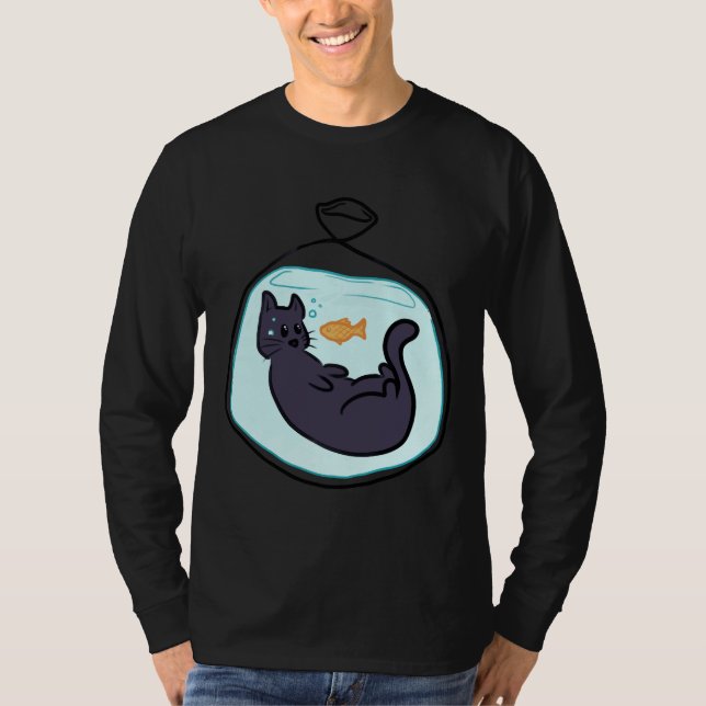 Black Cat With Fish T-Shirt (Front)