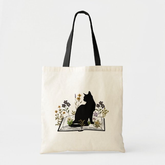 Black Cat with Floral Book tote bag (Front)