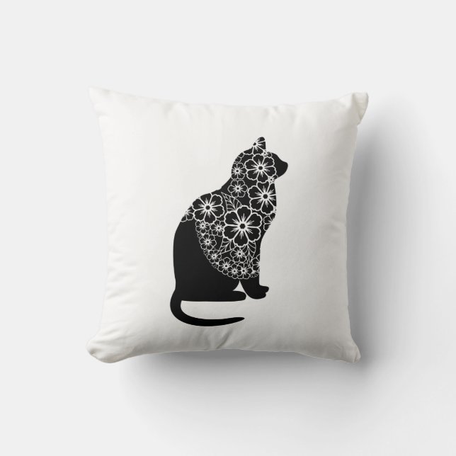 Black Cat with Floral Veil | Elegant Gothic Kitty  Cushion (Front)