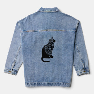 Black Cat with Floral Veil Elegant Gothic Kitty Denim Jacket