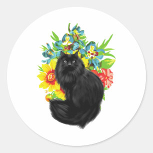 black cat with flower classic round sticker