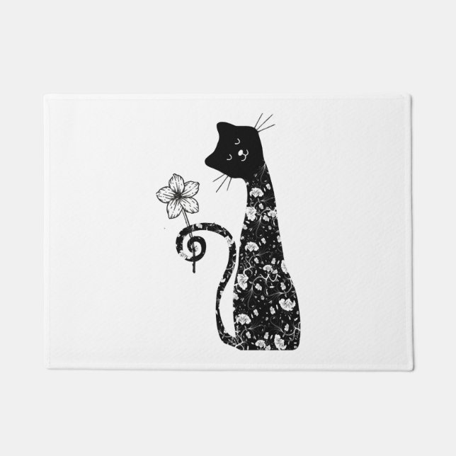 Black cat with flower               doormat (Front)