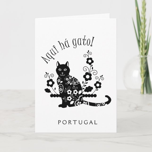 Black cat with flowers and Portuguese expression Card (Front)