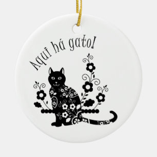 Black cat with flowers and Portuguese expression Ceramic Tree Decoration