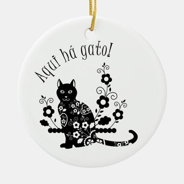 Black cat with flowers and Portuguese expression Ceramic Tree Decoration (Front)