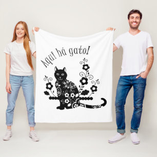 Black cat with flowers and Portuguese expression Fleece Blanket