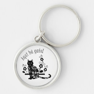 Black cat with flowers and Portuguese expression Key Ring