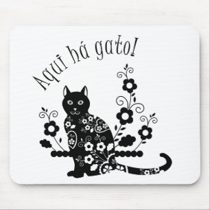 Black cat with flowers and Portuguese expression Mouse Mat
