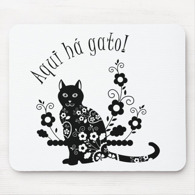 Black cat with flowers and Portuguese expression Mouse Mat (Front)