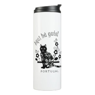 Black cat with flowers and Portuguese expression Thermal Tumbler