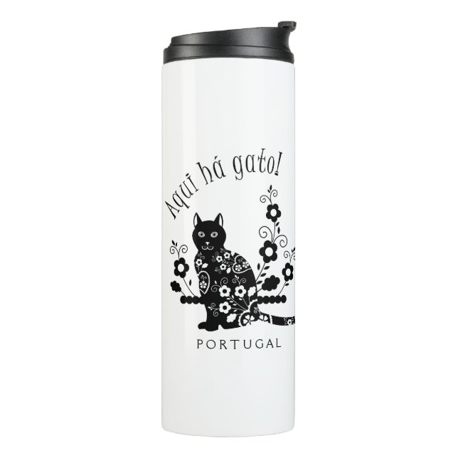Black cat with flowers and Portuguese expression Thermal Tumbler (Rotated Left)