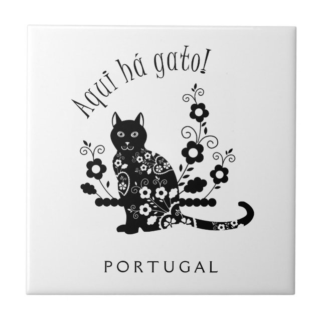 Black cat with flowers and Portuguese expression Tile (Front)