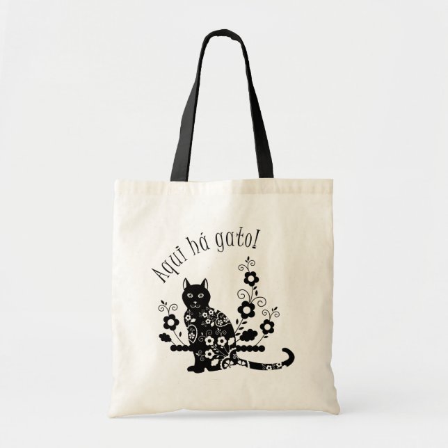 Black cat with flowers and Portuguese expression Tote Bag (Front)