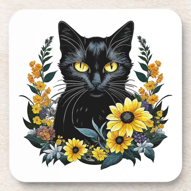 black cat with flowers coaster (Front)